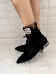 Gloria Siyah Süet Kristal Taşlı Bootie