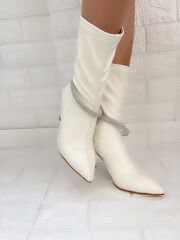Capetown Beyaz Deri Kristal Taşlı Streç Bootie