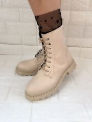 Side Bej Deri Kristal Taşlı Bağcıklı Postal Bot