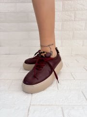 Brode Bordo Suni Deri Leopar Biyeli Sneaker Ayakkabı