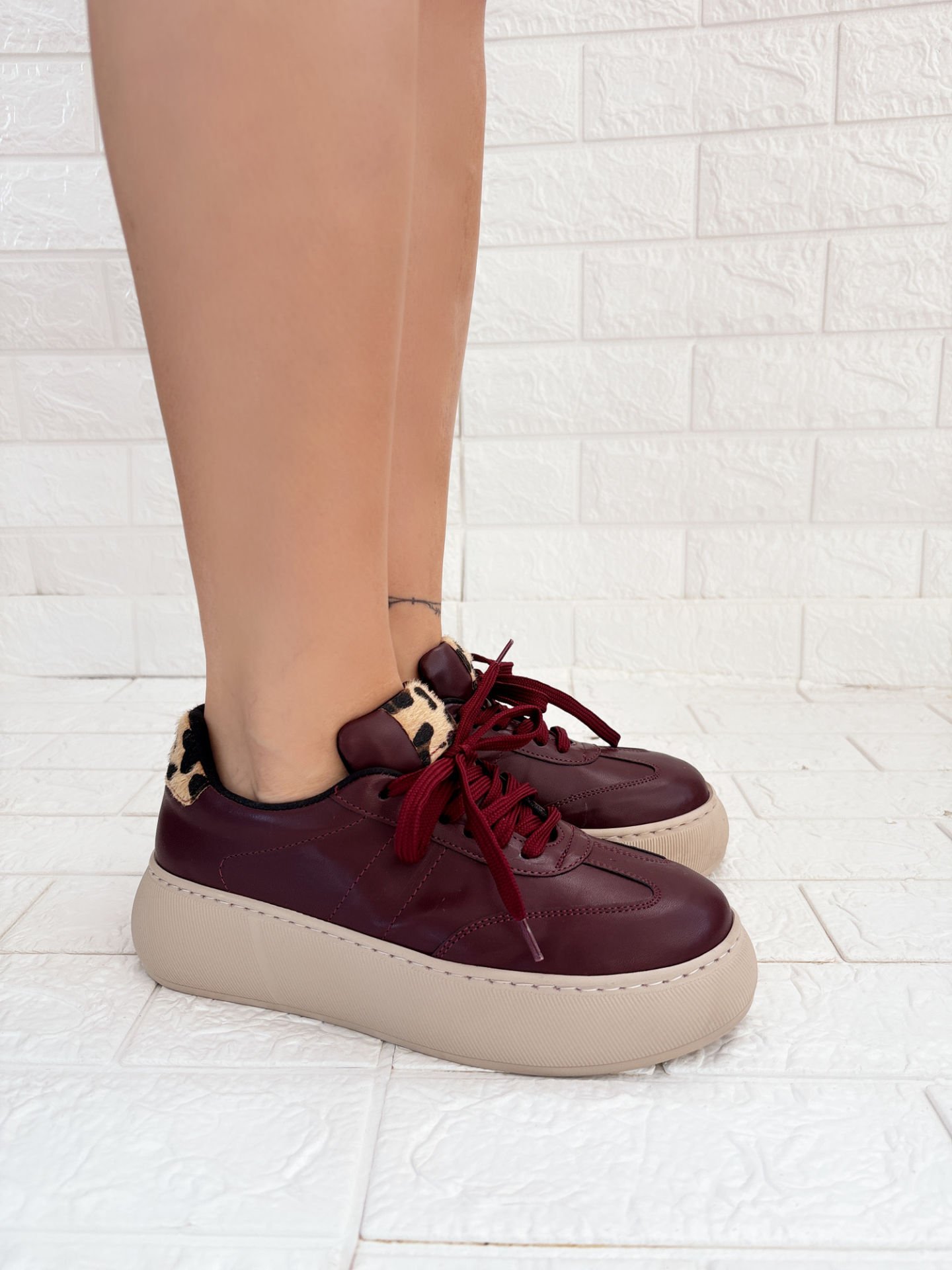 Brode Bordo Suni Deri Leopar Biyeli Sneaker Ayakkabı