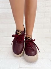 Brode Bordo Suni Deri Leopar Biyeli Sneaker Ayakkabı