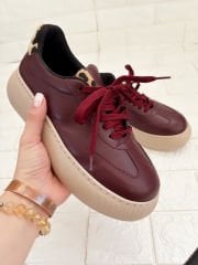 Brode Bordo Suni Deri Leopar Biyeli Sneaker Ayakkabı